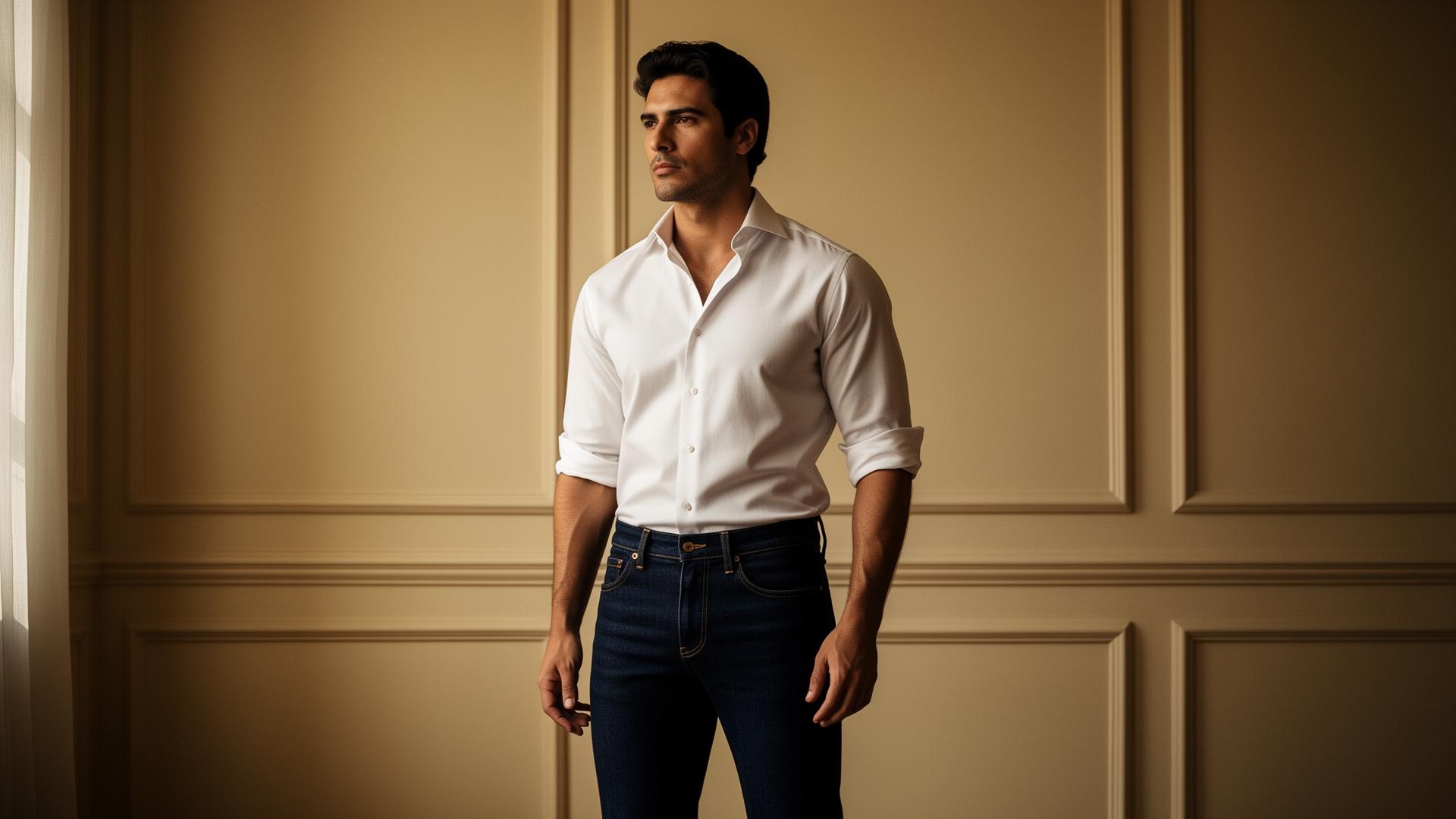 Homem usando jeans e camisa premium